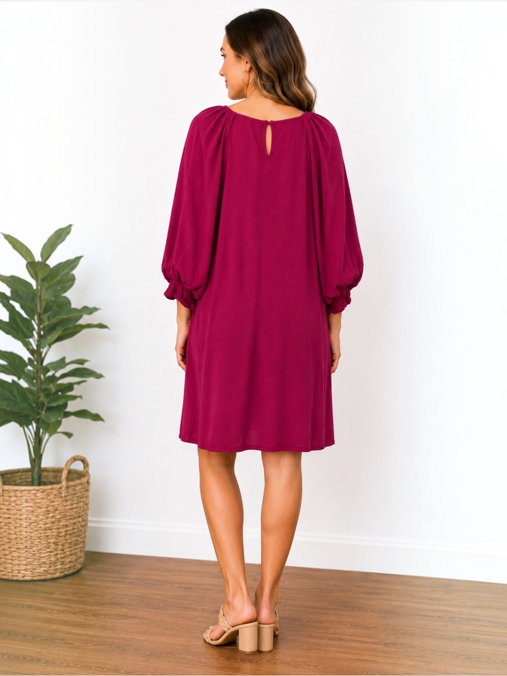 NWT Umgee USA Berry Balloon Sleeve Shift Dress Pockets Size L - Picture 2 of 7